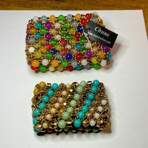 Oversized Multi-Colored Beaded Bracelets Encapsulated in Gold-tone